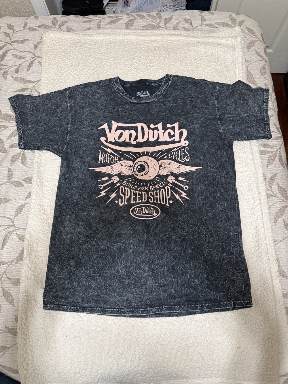 Von Dutch Black Mineral Wash Short Sleeve Tee with Pink Graphic